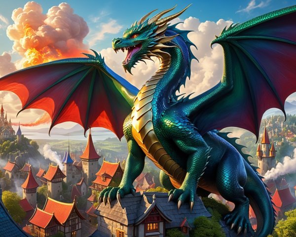 Majestic dragon overlooking a quaint village landscape