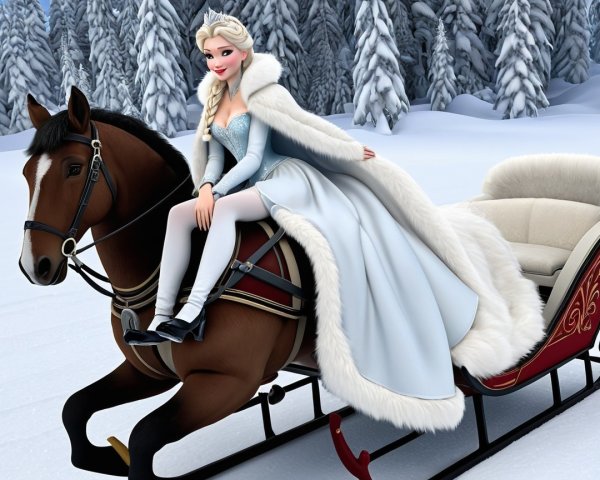 Winter Scene with Snow Queen on Horse and Sleigh