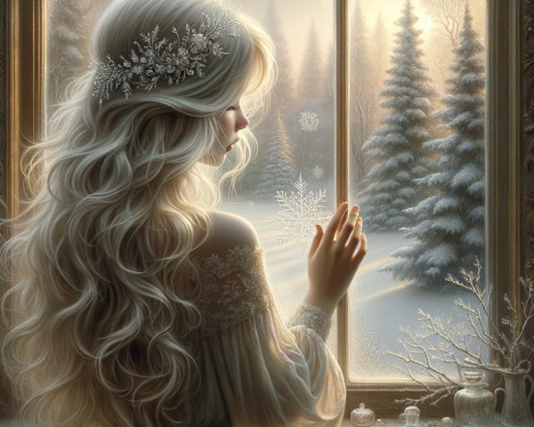 Young woman in gown gazes out frosty window scene
