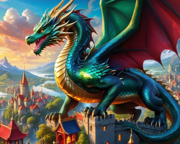 Colorful Dragon on Castle Turret Overlooking Landscape
