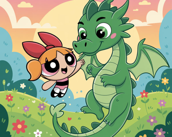 Cheerful girl interacts with friendly green dragon in landscape