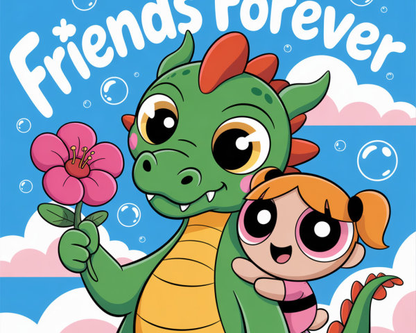 Cheerful Dragon and Girl Illustration with Blue Sky