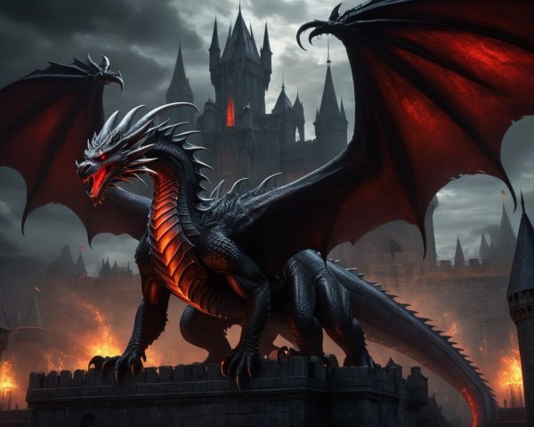 Black Dragon on Dark Fortress with Medieval Castle