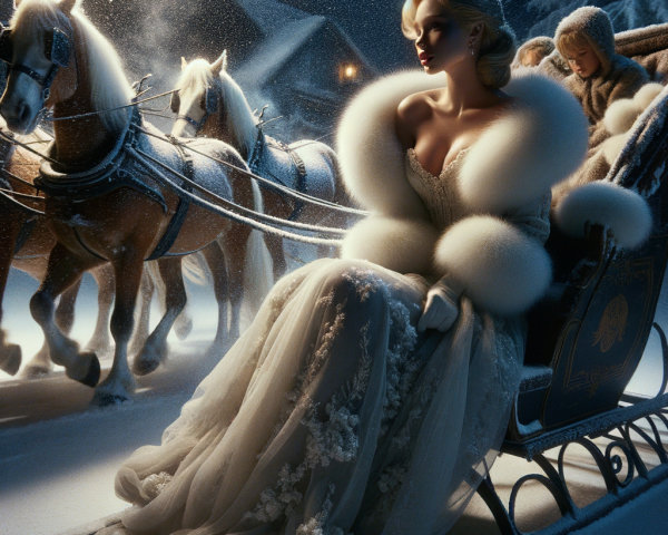 Glamorous Figure in Sleigh Amid Winter Landscape