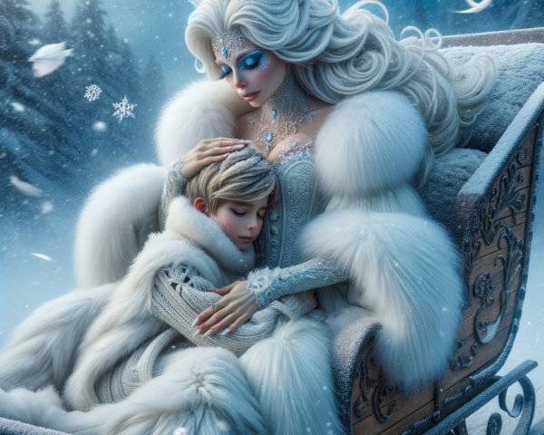 Regal Woman and Child in Snowy Winter Scene