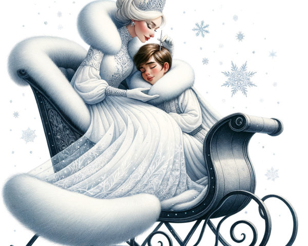 Winter Scene of Woman in White Gown with Child in Sled