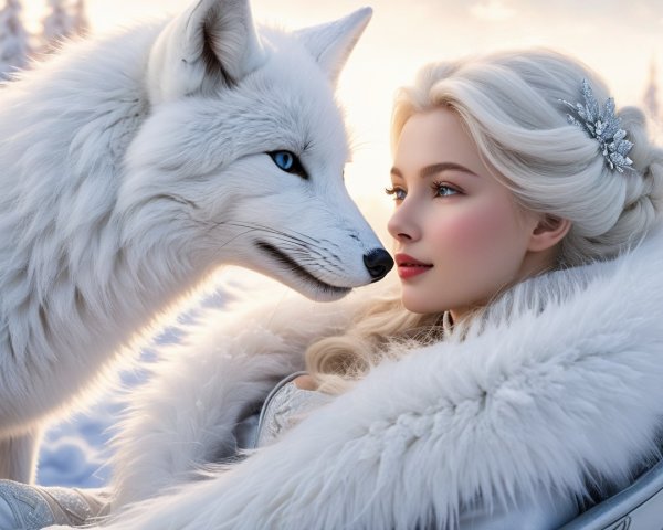 Serene winter scene with woman and white wolf