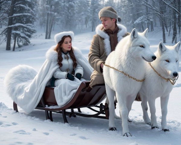Regal Couple in Sleigh Pulled by White Wolves in Winter