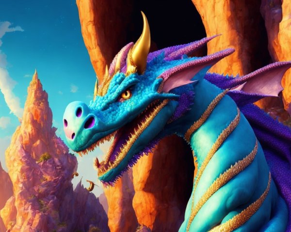 Majestic blue dragon with shimmering scales and cliffs