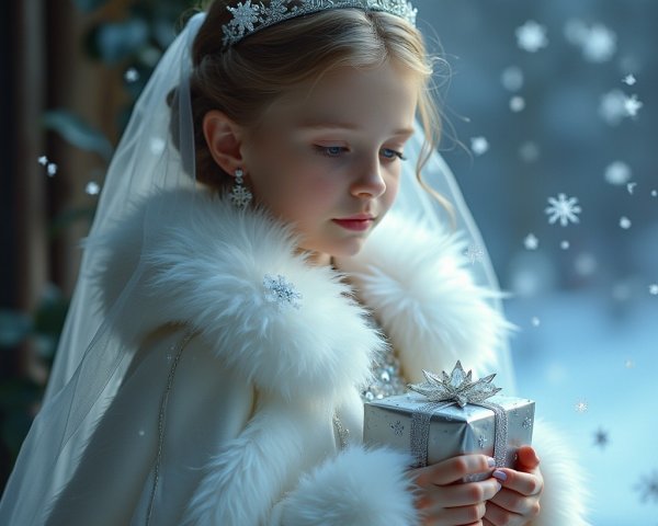 Young girl in winter princess attire by a window