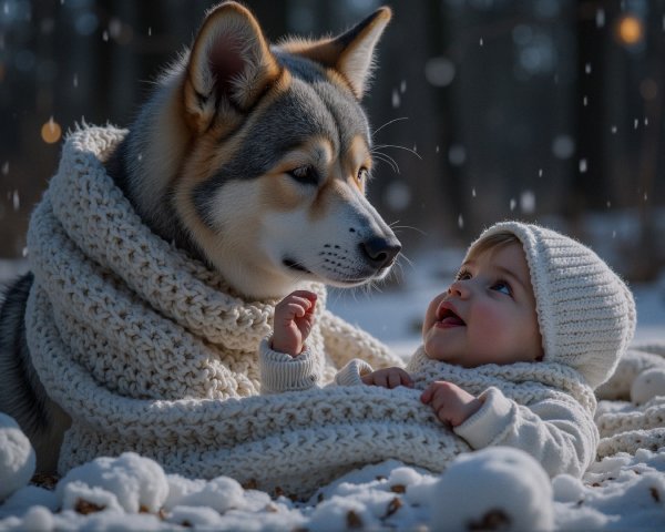Cozy Winter Scene of Baby and Dog in Blanket
