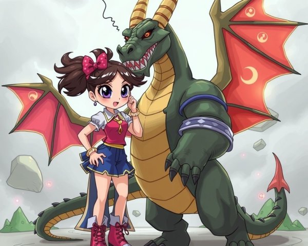 Animated girl and dragon in whimsical landscape