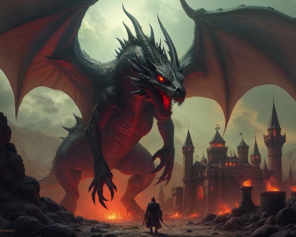 Black Dragon Over Gothic Castle in Epic Fantasy Scene