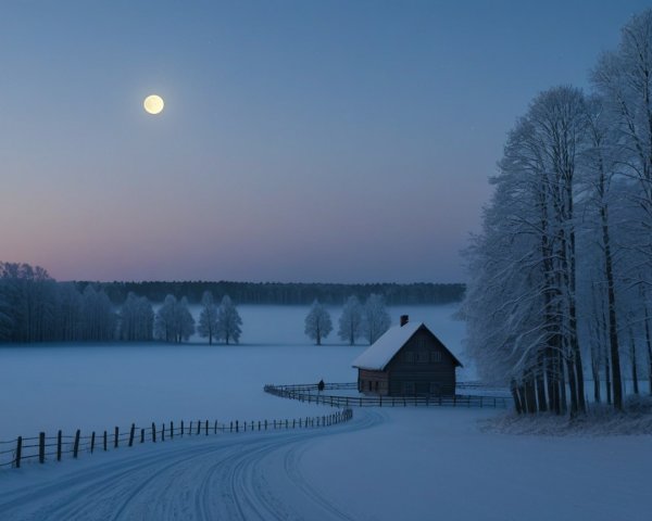 Serene Winter Landscape with Moonlit Snow Field