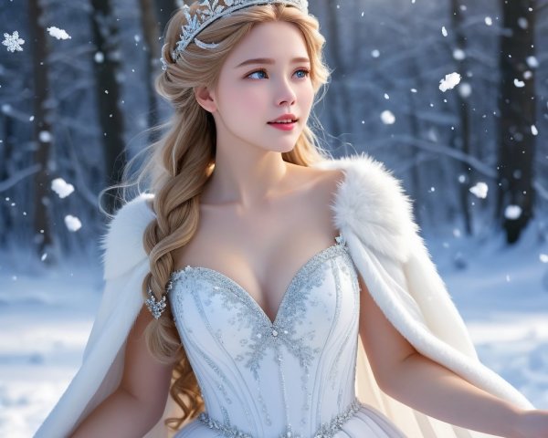 Young woman in white gown in snowy forest setting