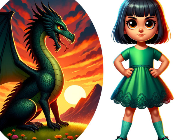 Green Dragon and Girl in Whimsical Sunset Scene