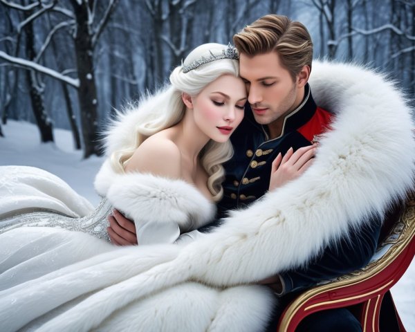 Couple Embracing in a Snowy Enchanted Forest