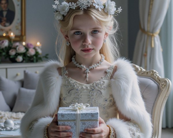 Young girl in cream dress with gift box and accessories