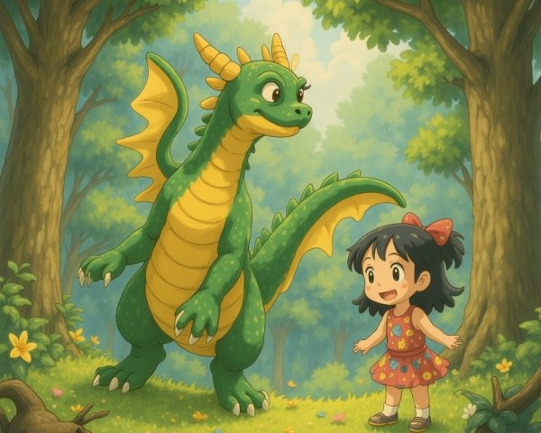 Cheerful girl and green dragon in vibrant forest