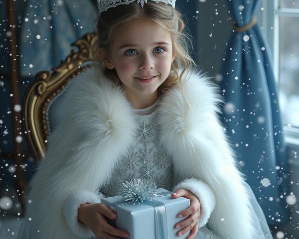 Young girl in blue gown with gift in winter setting