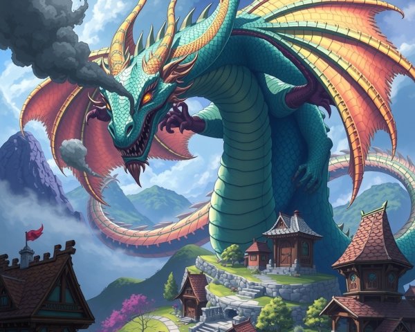 Majestic dragon above a quaint mountain village