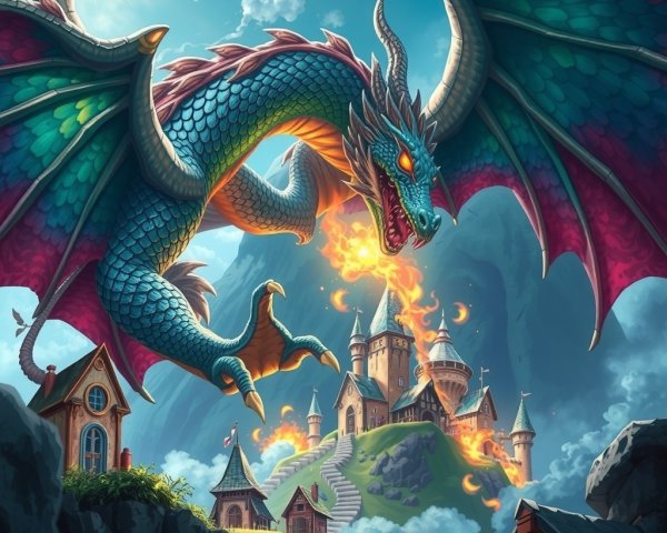 Dragon Soaring Over Castle in Lush Valley Landscape