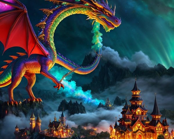 Colorful dragon in a mystical landscape at night