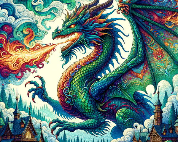 Vibrant Dragon Breathing Fire in Whimsical Landscape