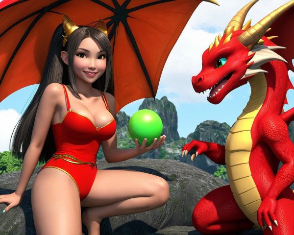 Fantasy scene with woman, dragon, and green orb