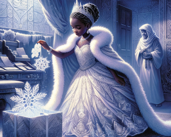 Young girl in white gown with snowflake and gift