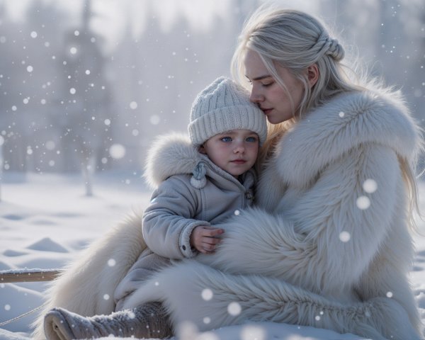 Winter Scene of Mother and Child in Snowy Landscape