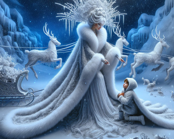 Regal figure in winter scene with child and reindeer sleigh