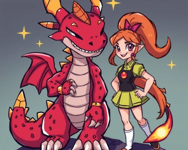 Cheerful girl and friendly red dragon in starry scene