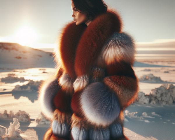 Fashion Model in Colorful Fur Coat in Snowy Landscape