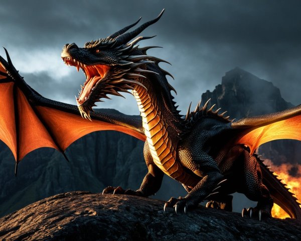 Majestic black dragon on rocky outcrop with dramatic sky