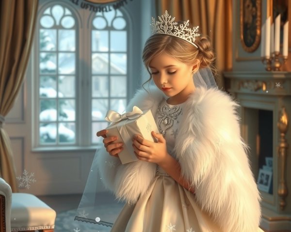 Young girl in white dress with gift in decorated room