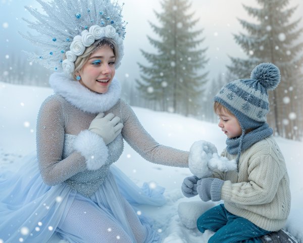Magical Winter Scene with Child and Enchanted Figure