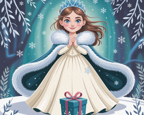 Young girl in winter princess attire in snowy landscape