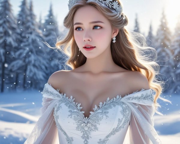 Young Woman in Ivory Gown in Snowy Landscape
