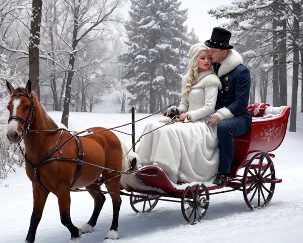 Elegant Couple in Red Sleigh Amidst Winter Snow