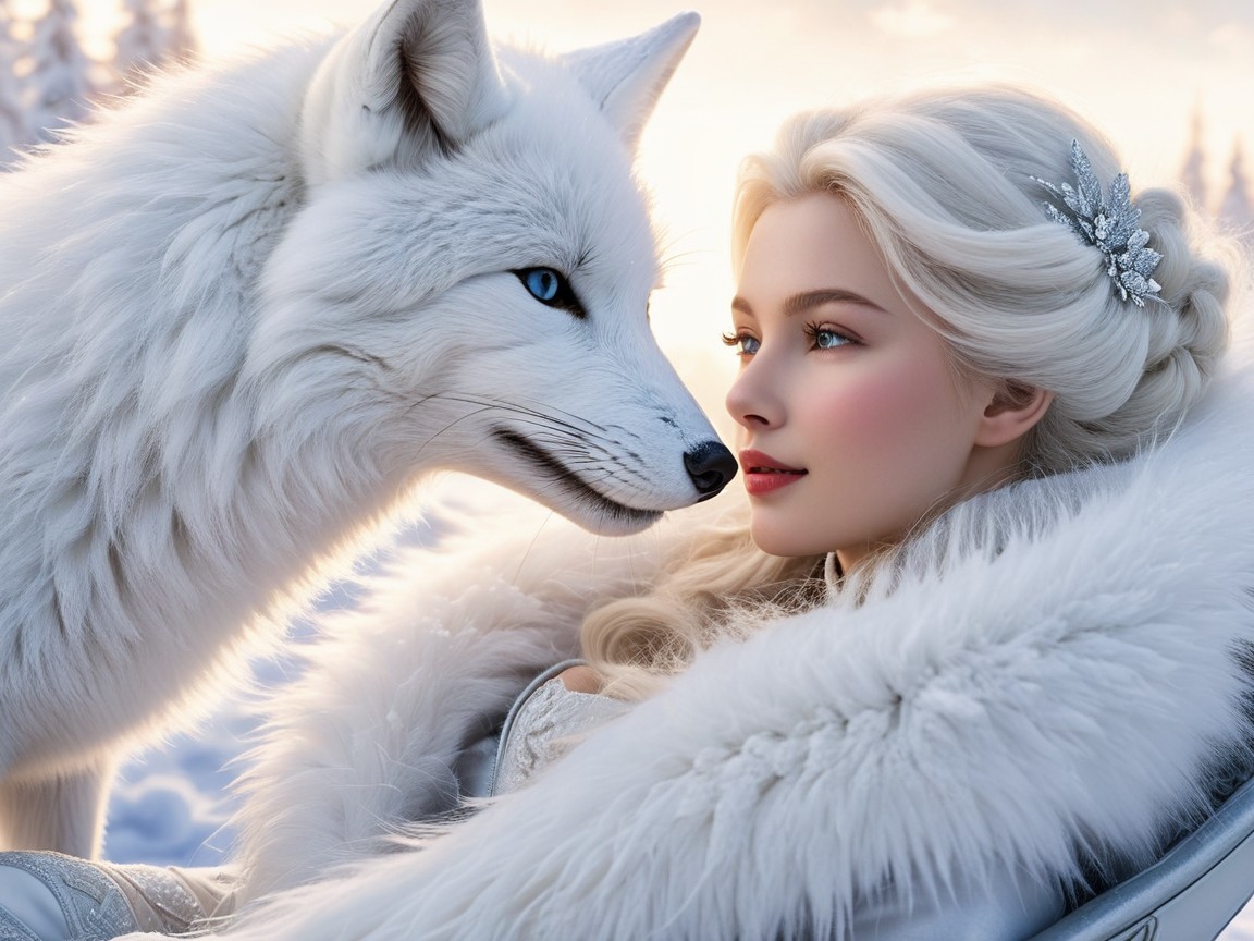 Serene winter scene with woman and white wolf