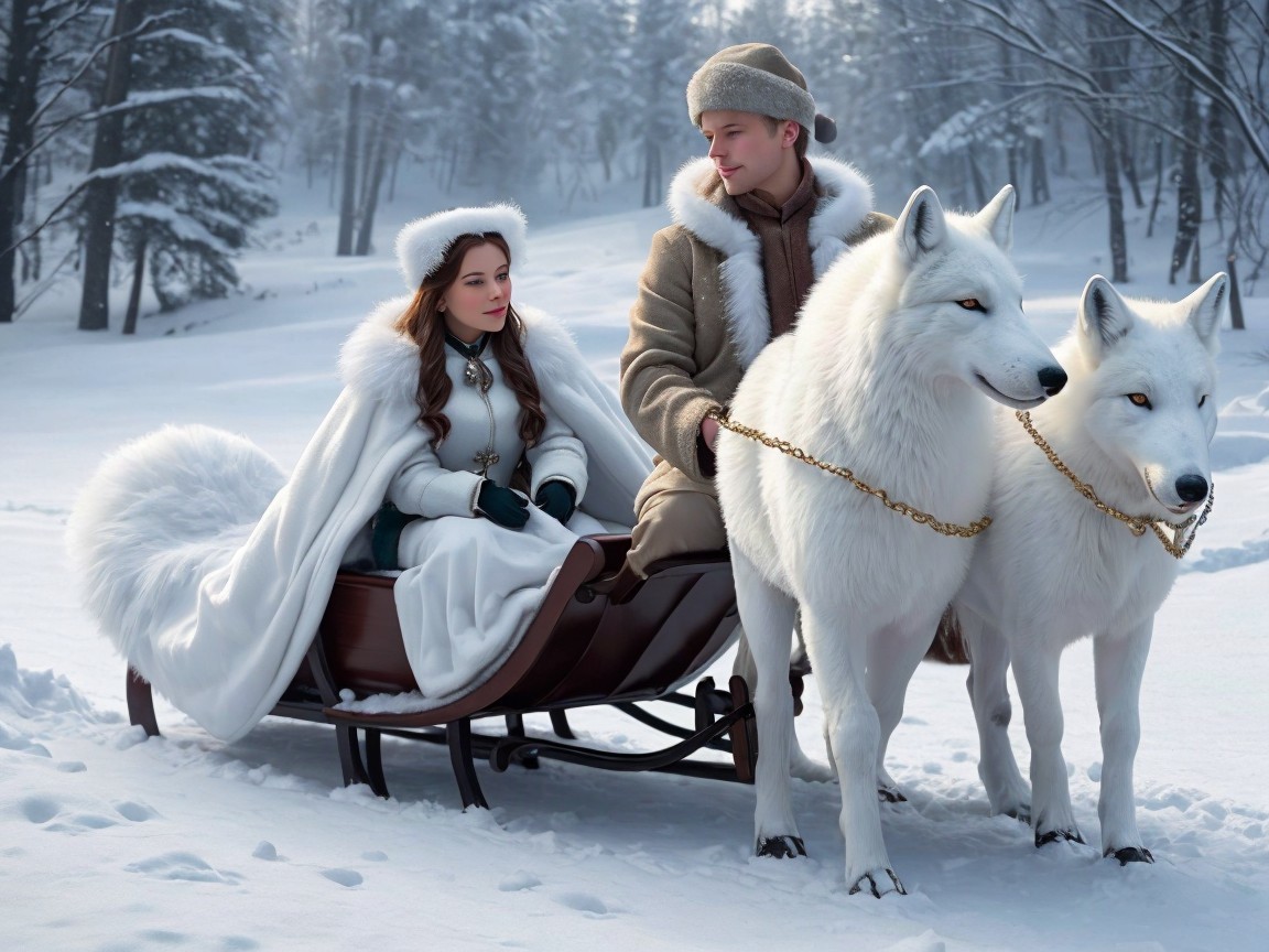 Regal Couple in Sleigh Pulled by White Wolves in Winter