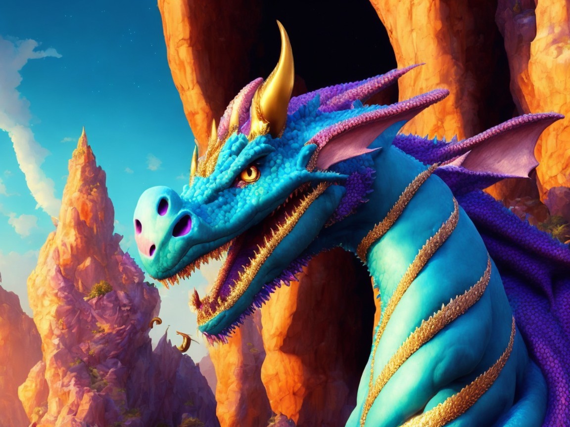 Majestic blue dragon with shimmering scales and cliffs