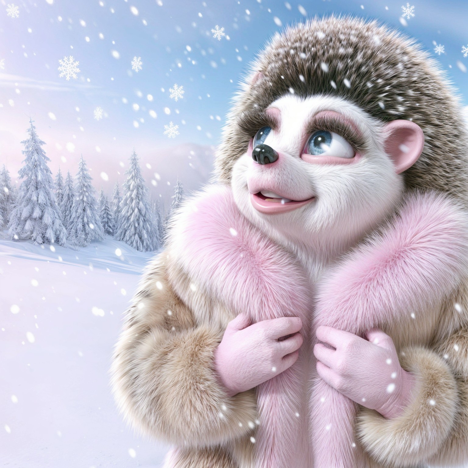 Charming Cartoon Hedgehog in Snowy Winter Scene