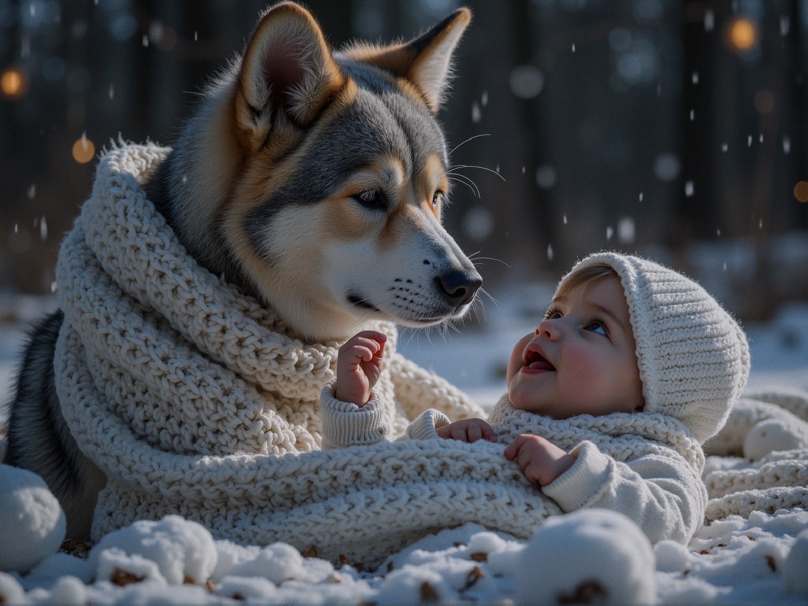 Cozy Winter Scene of Baby and Dog in Blanket