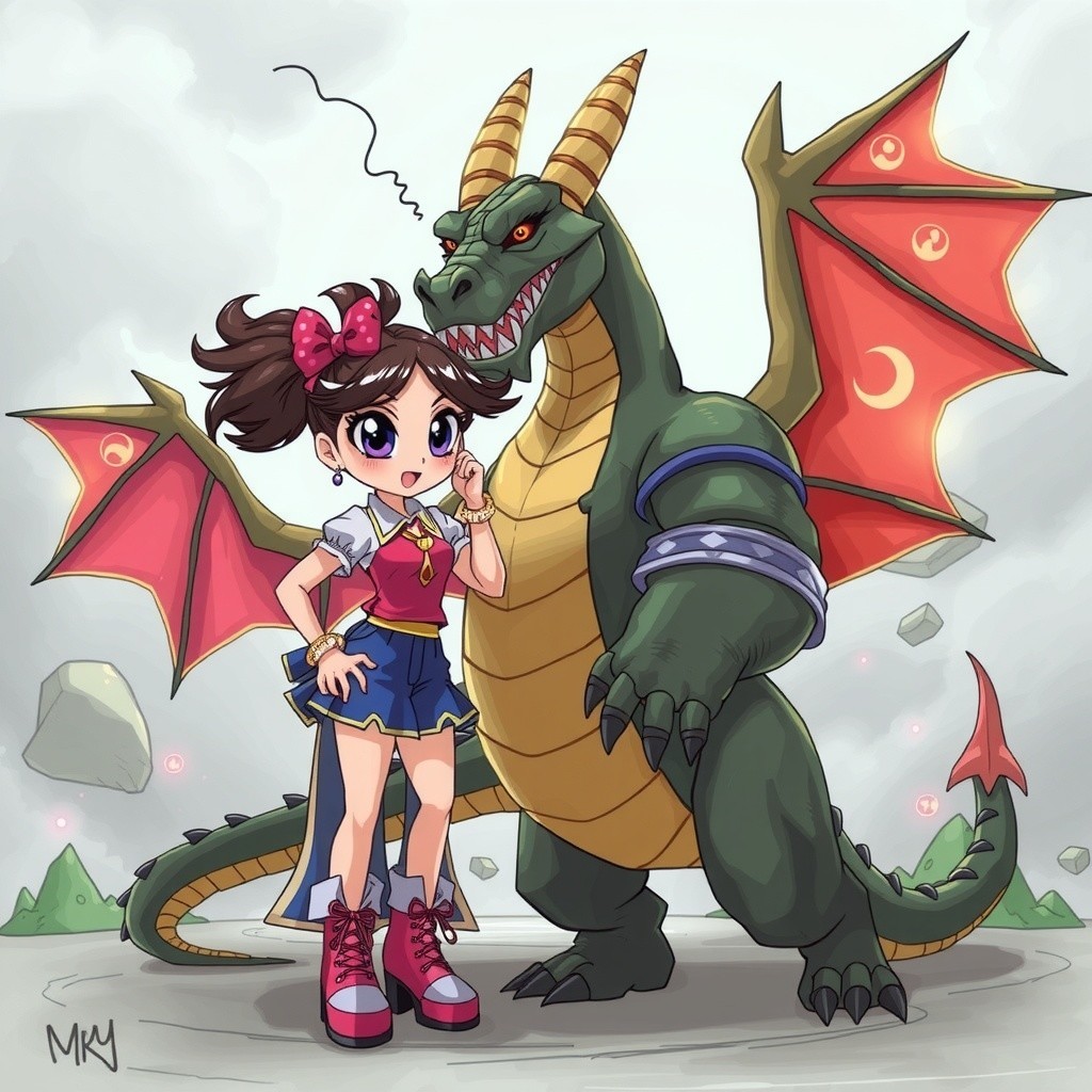 Animated girl and dragon in whimsical landscape