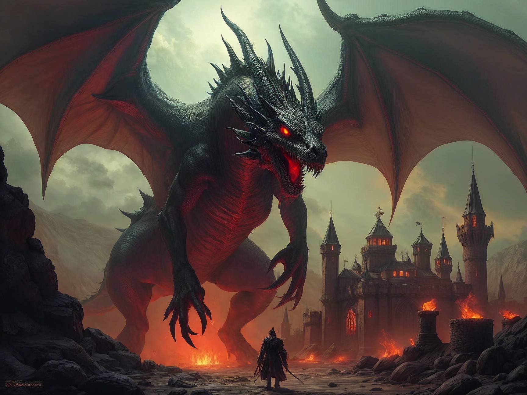 Black Dragon Over Gothic Castle in Epic Fantasy Scene