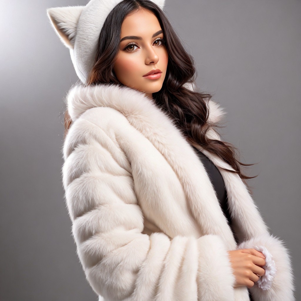 Stylish Woman in Luxurious White Fur Coat with Hood
