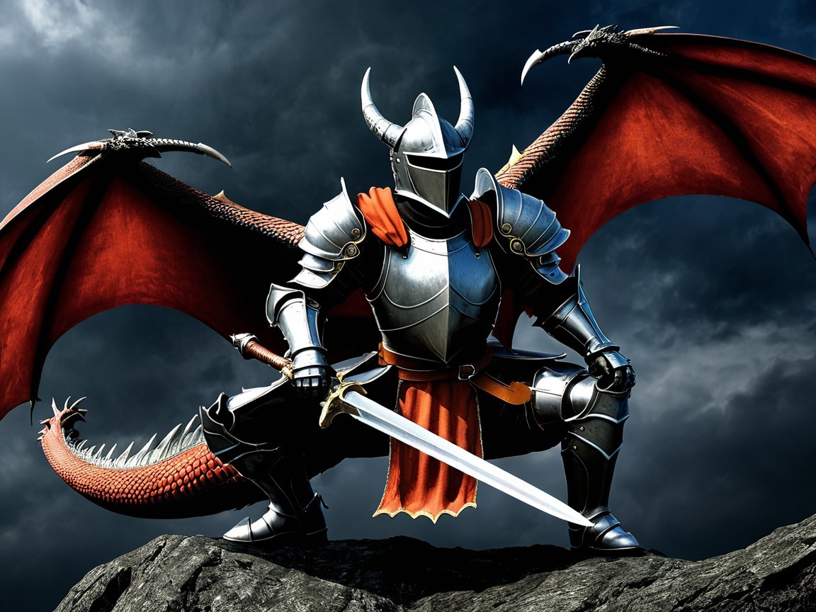 Armored Knight with Sword and Dragon Wings in Fantasy Scene