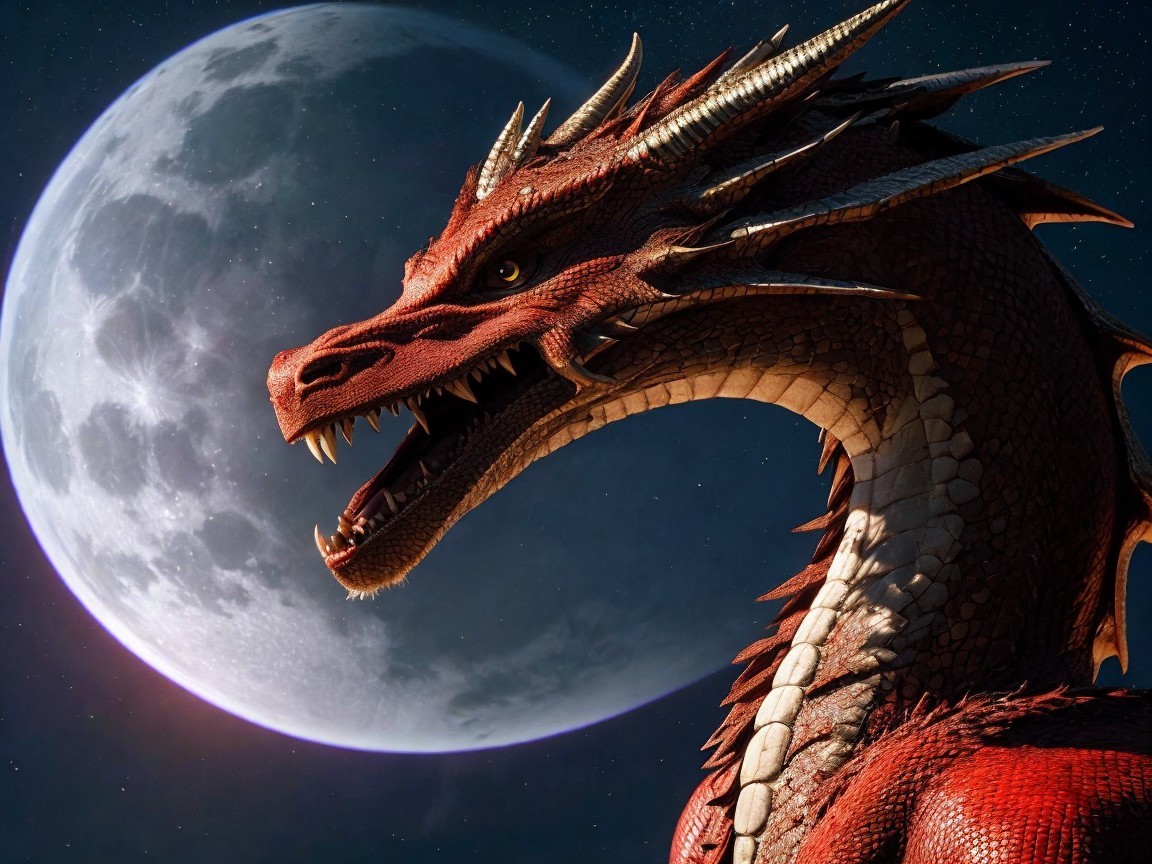 Majestic Red Dragon Under Glowing Full Moon